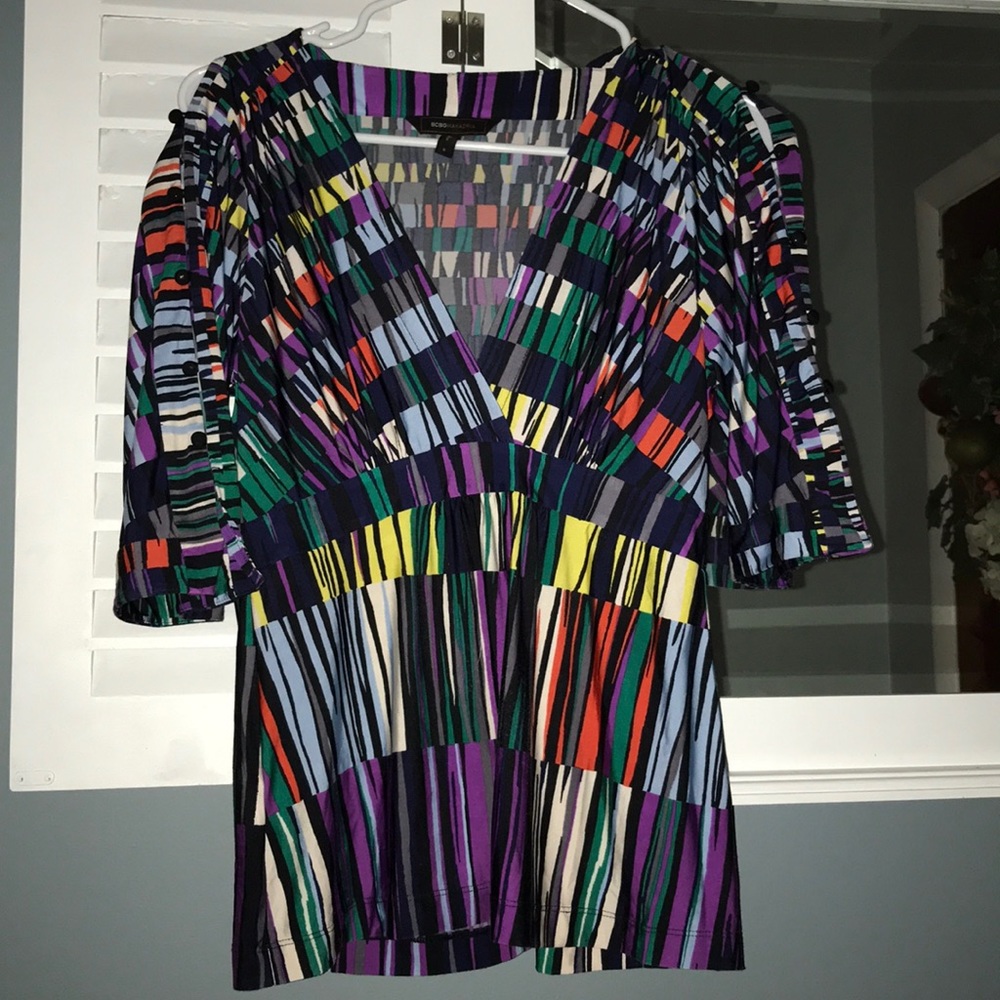BCBG Max Asria Women’s Size S Multicolored Casual V-Neck Top Retro Style